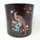 A Chinese wooden brush pot, inset with various coloured stones decorated birds and flowering