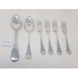 Four silver Old English pattern dessert forks, various dates and makers, and two silver
