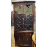 A 19th century mahogany free standing corner cabinet, demi-lune table, pine cupboard, three wall