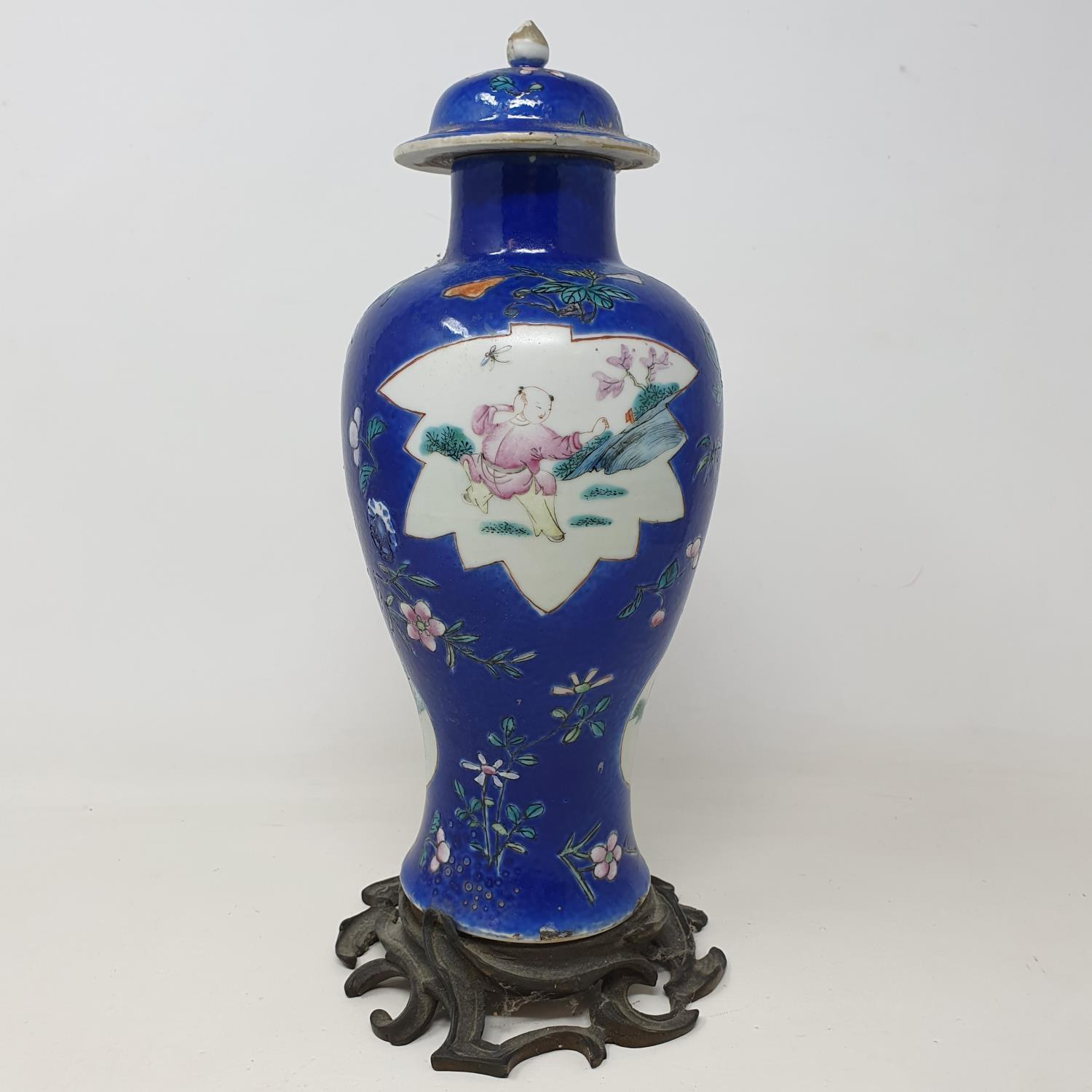 A Chinese famille rose vase and cover, of inverted baluster form, decorated panels of figures on a - Image 3 of 6