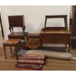 A mahogany washstand, an oak trolley, four tables, mahogany chest, and four carpets (11)