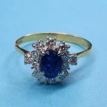 A white and yellow gold, sapphire and diamond flowerhead cluster ring, ring size S