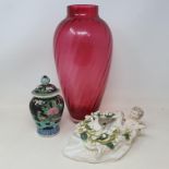 A cranberry glass vase, other ceramics and glass (box)