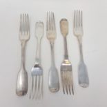 A set of five Victorian silver fiddle pattern table forks, Charles Boyton, London 1835, 11 ozt