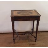 A 19th century olivewood Sorrento ware table, the marquetry inlaid top decorated a courtyard scene