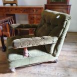 A 19th century mahogany button back armchair, a yew wood pedestal desk, a corner cabinet, a nest