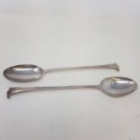 A pair matched pair of George III silver Onslow pattern basting spoons, marks rubbed, 5.5 ozt
