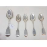 Four silver fiddle pattern dessert spoons, and a similar tablespoon, various dates and makers, 7.8