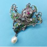 A modern silver plique-a-jour gypsy dancer brooch/pendant with suspended pearl