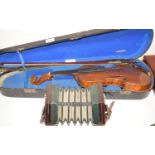 A violin, with a two piece back, incomplete, a bow, and a violin case (Alphonse Cary, Newbury),