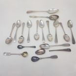 A George III silver dessert spoon, and fourteen silver tea spoons, various dates and marks, 7.5