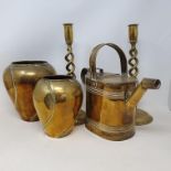 A graduated pair of brass vases, horse brasses, a pair of bellows, fireirons, other metalwares and