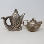A Chinese metal teapot, in the form of a carp, 15 cm high, and another in the form of a rat (2)