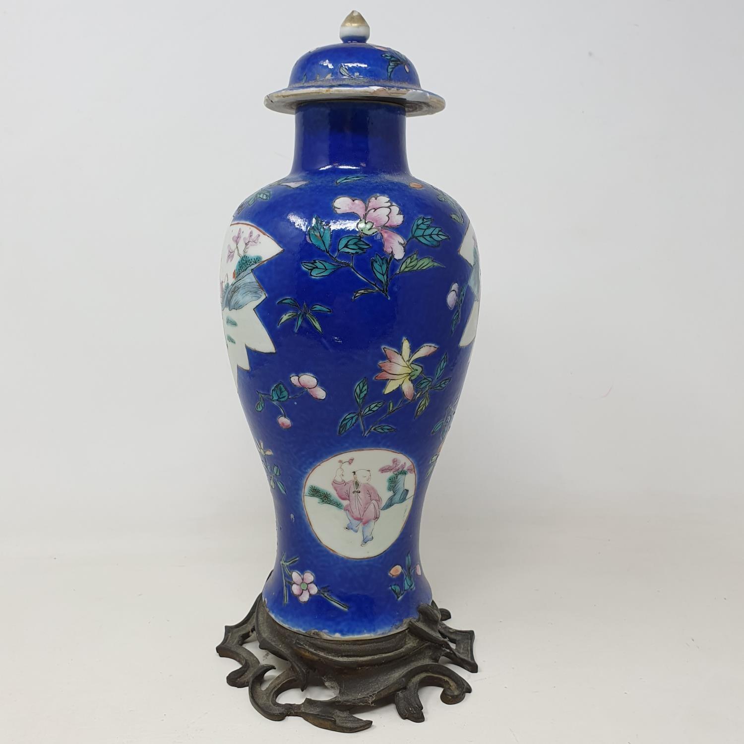 A Chinese famille rose vase and cover, of inverted baluster form, decorated panels of figures on a - Image 2 of 6