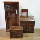 An oak bureau, 75 cm wide, a display cabinet, corner cabinet, magazine rack, cupboard, and a box (6)