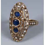 A 9ct gold, sapphire and diamond lozenge shape ring, ring size P½