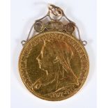 A Queen Victoria double sovereign, 1893, mounted as a pendant, 17.2 g (all in)