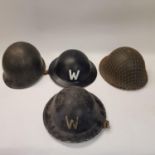 Two Second World War air raid warden's helmets and two other helmets (4)