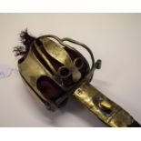 A 1798 pattern Sergeants Highland basket hilt sword, in a leather mounted scabbard with brass