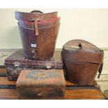 A 19th century leather and brass bound hat box, another, a crocodile skin suitcase and a jewellery