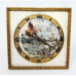 An early 20th century travelling clock, the 9.5 cm square ivory mounted dial painted a hunting scene