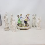 Five Chinese Blanc de Chine figures, and a Capo Di Monte figural group, 20 cm high (6)