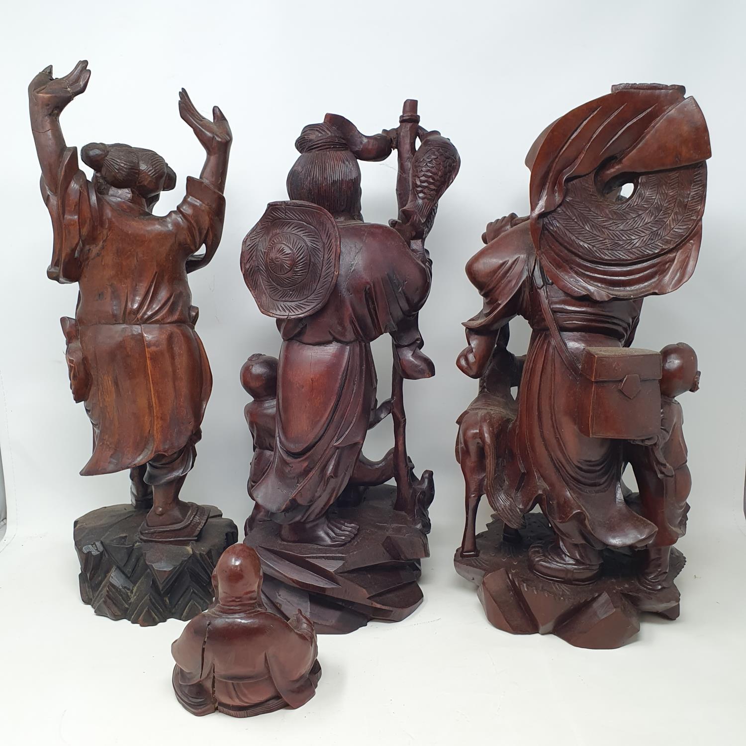 A Chinese carved wood group, of a fisherman and boy, on a rocky base, 41 cm high, other carvings and - Image 2 of 6