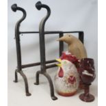 A pair of metal fire dogs, various baskets, and other items (qty)