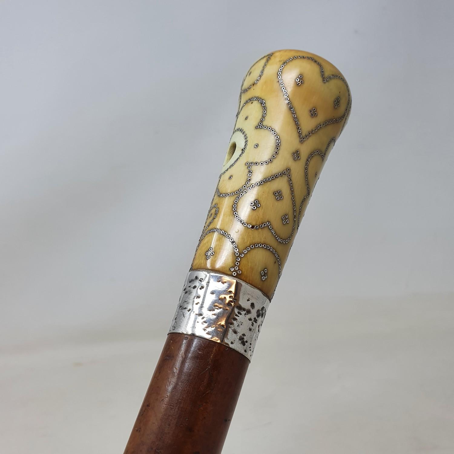 A late 17th/early 18th century walking stick, with a carved ivory pique decorated handle, on a - Image 7 of 8