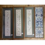 A pair of Chinese silk embroidered sleeve bands, decorated birds, butterflies and foliage, framed as