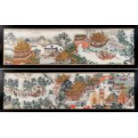 A Chinese scroll painting, now in two parts, figures celebrating with fireworks, in processions,