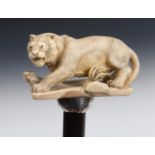 A walking stick, the large ivory handle carved a lioness, on an ebonised shaft, 91 cm Large repair