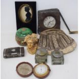 A late 19th century pocket barometer, 5 cm diameter, in original leather case, and other items (box)
