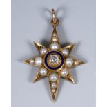 A late Victorian diamond, seed pearl and blue enamel star pendant Weight 3.7g (all in) Some slight