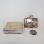 A George V silver hip flask, a vesta, 3.1 ozt, and a silver cigarette box, 11 cm wide, various dates