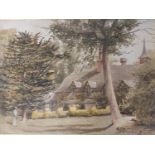H J R Lowe, cottage scene with figure, watercolour, signed, 28 x 38cm