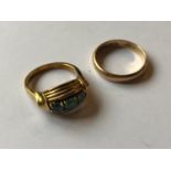 A 15ct gold wedding band, and a 15ct gold and gem set ring, 7.5 g (all in) (2)