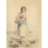 English school, early 19th century, a girl holding a chicken, pastel, 37 x 26 cm