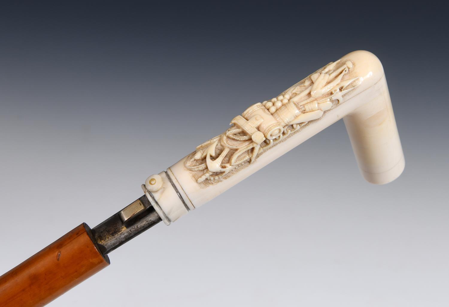A 19th century sword stick, with an ivory handle carved with a maritime theme, possibly