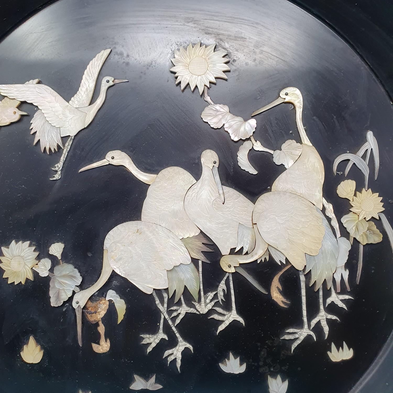 An early 20th century Japanese black lacquered plaque, decorated cranes and flowers, 40 cm - Image 7 of 7