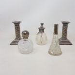 A pair of cut glass scent bottles, with silver tops, and other items (box)