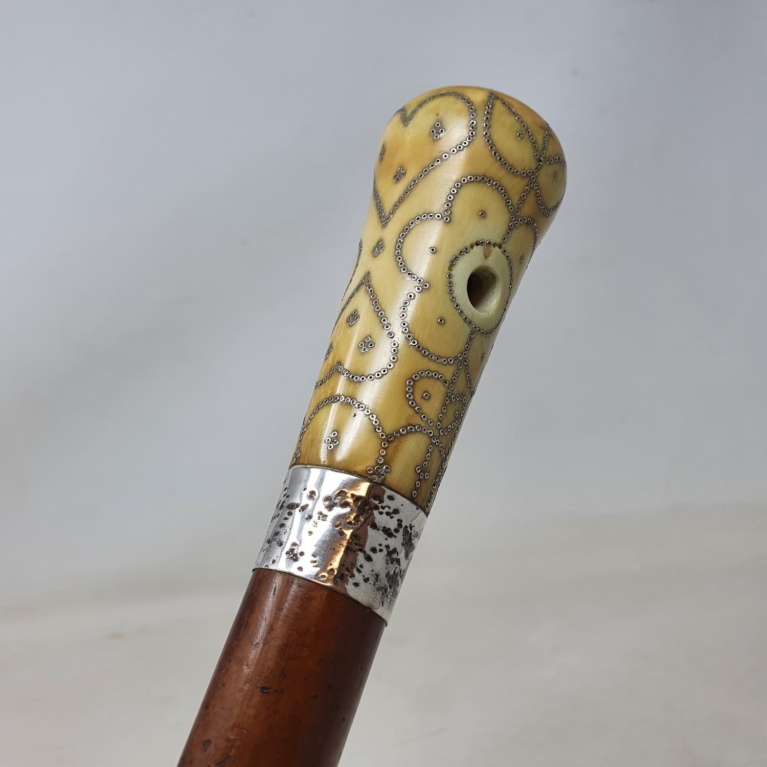 A late 17th/early 18th century walking stick, with a carved ivory pique decorated handle, on a - Image 8 of 8