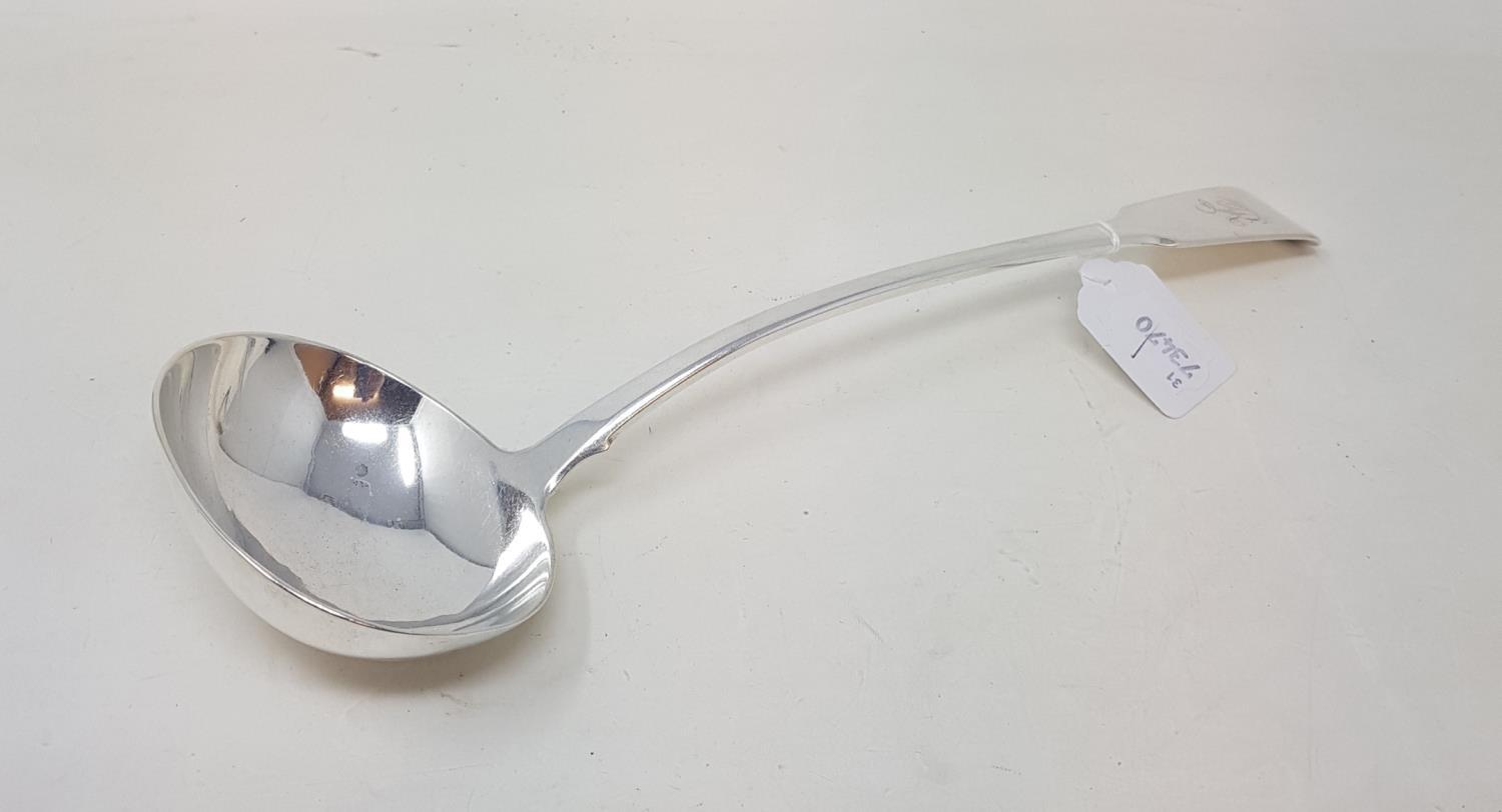 A 19th century silver fiddle pattern soup ladle, initialled, London 1826, 7.3 ozt