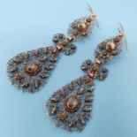 A pair of 19th century yellow coloured metal chandelier earrings, set diamond chips 7cm high excl