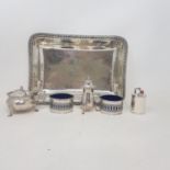 A silver mustard pot, with a matching pepper pot, Birmingham 1936, 7.5 ozt, and four other items