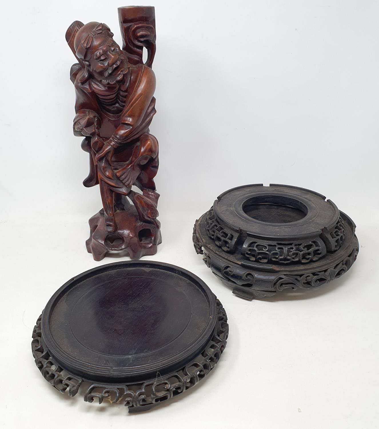 A Chinese carved wood group, of a fisherman and boy, on a rocky base, 41 cm high, other carvings and - Image 3 of 6