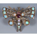 A yellow metal, opal and diamond butterfly brooch