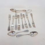 Eight George III and later silver fiddle pattern desert forks, and four dessert spoons, various