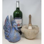 A carved wooden duck, two painted pails, a pestle, mortar and other items (qty)