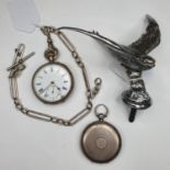 A silver open face pocket watch, a silver hunter pocket watch, an Albert, and a chrome plated